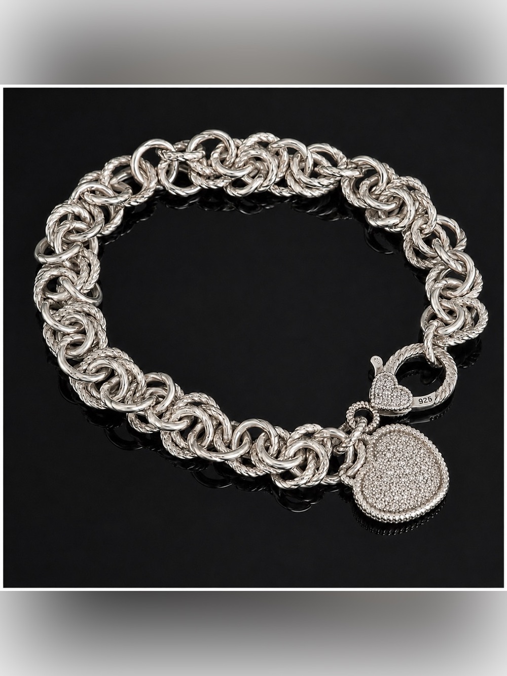Judith Ripka 925 Sterling Silver Byzantine Heart Charm Bracelet